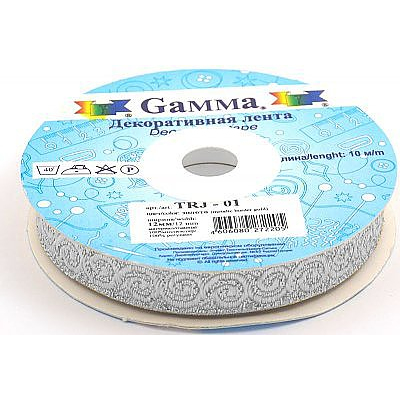 Тесьма 12 мм жаккард TRJ-01 серебро уп. 10 м в интернет-магазине Швейпрофи.рф